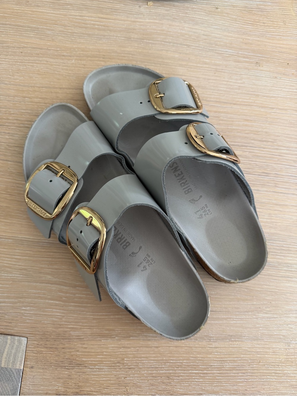 Birkenstock Arizona Patent Double-Strap Sandals in Gray with Gold Buckles - Picture 2 of 2